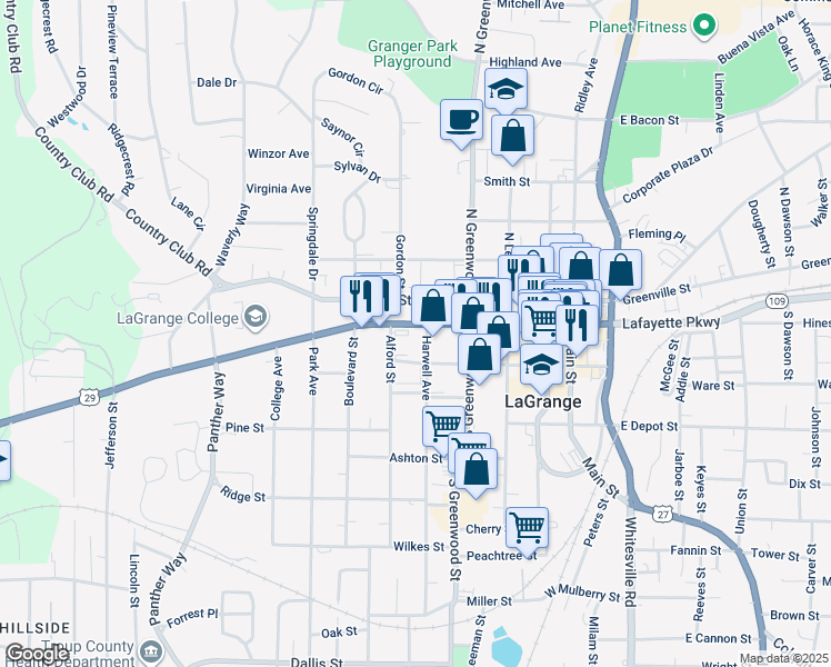 map of restaurants, bars, coffee shops, grocery stores, and more near 401 Vernon Street in LaGrange