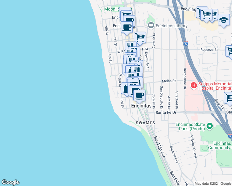 map of restaurants, bars, coffee shops, grocery stores, and more near 383-499 West I Street in Encinitas