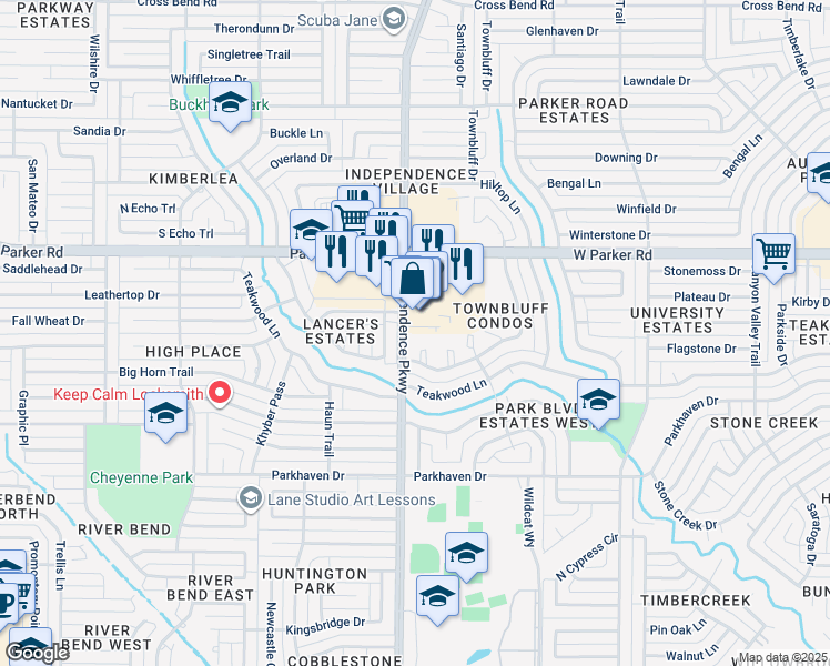 map of restaurants, bars, coffee shops, grocery stores, and more near 2821 Townbluff Drive in Plano