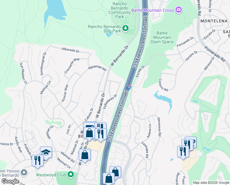 map of restaurants, bars, coffee shops, grocery stores, and more near 18078 Valladares Drive in San Diego