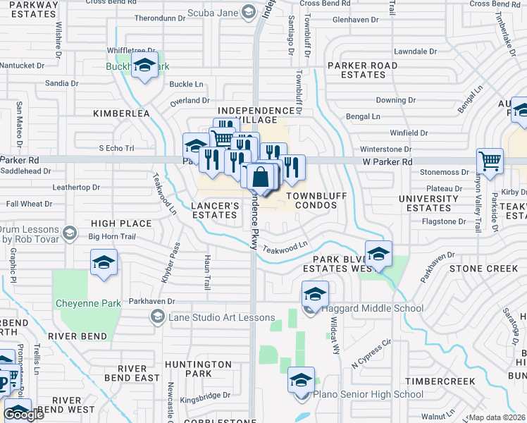 map of restaurants, bars, coffee shops, grocery stores, and more near 2821 Townbluff Drive in Plano