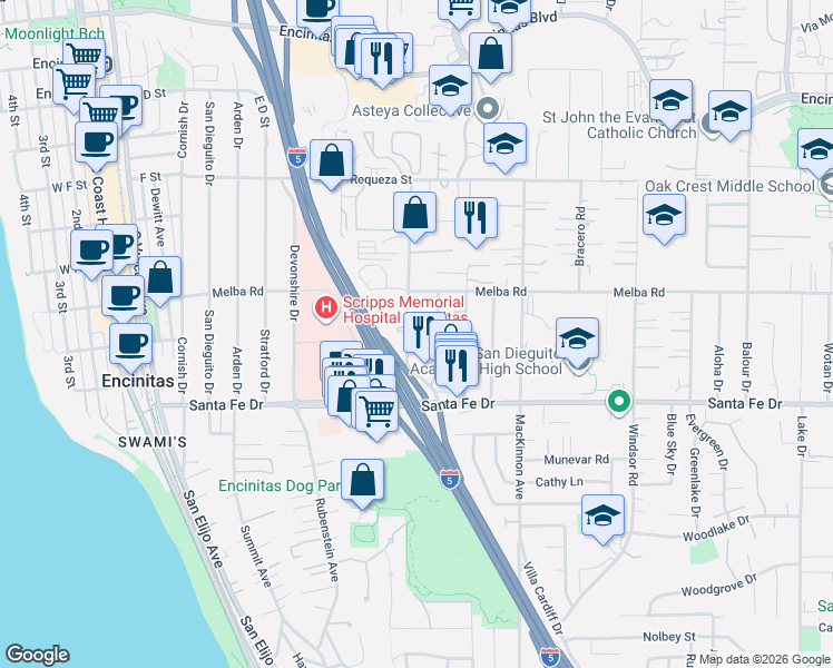 map of restaurants, bars, coffee shops, grocery stores, and more near 1050 Regal Road in Encinitas