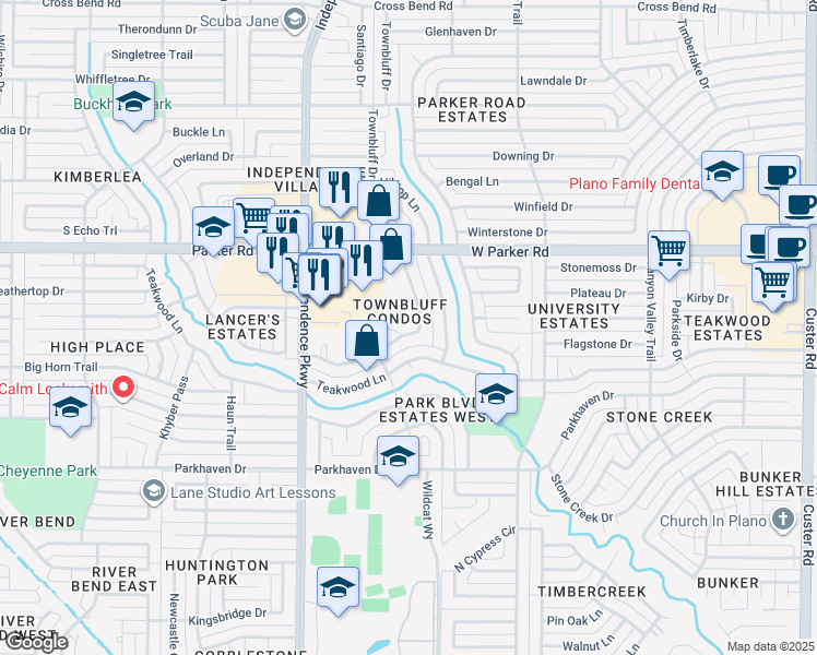 map of restaurants, bars, coffee shops, grocery stores, and more near 3101 Townbluff Drive in Plano