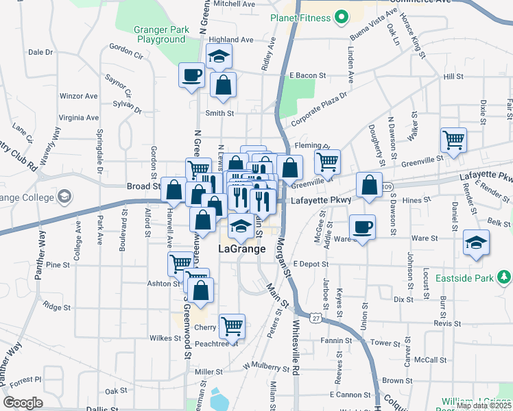 map of restaurants, bars, coffee shops, grocery stores, and more near 108 Main Street in LaGrange