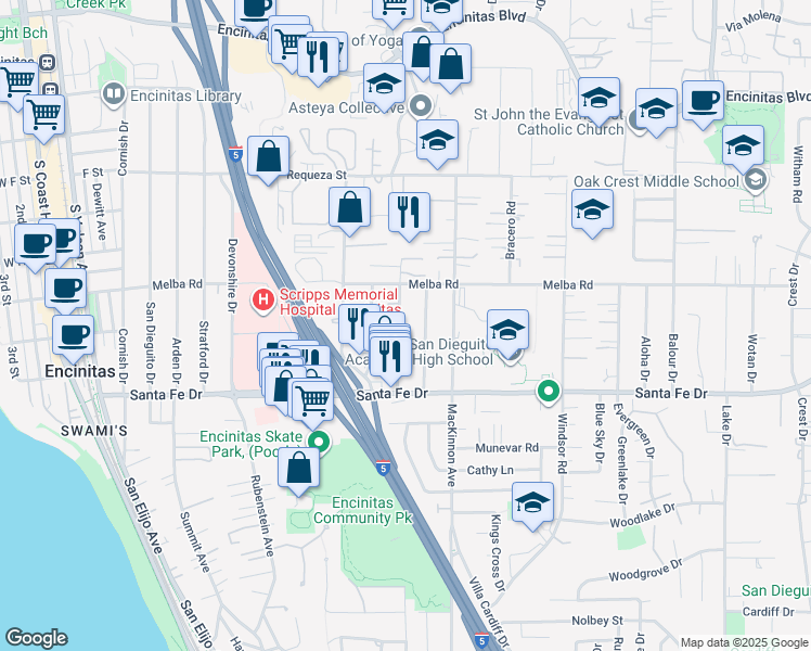 map of restaurants, bars, coffee shops, grocery stores, and more near 1075 Gardena Road in Encinitas