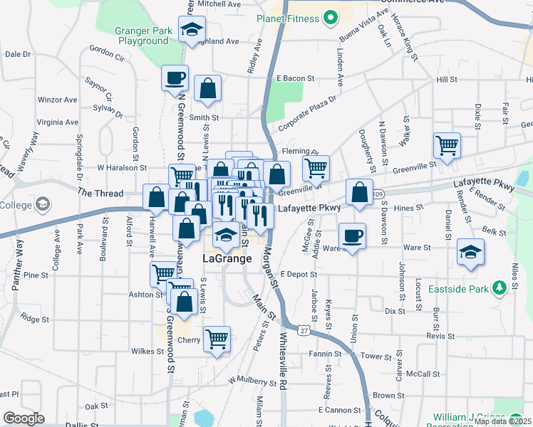 map of restaurants, bars, coffee shops, grocery stores, and more near 109 Hines Street in LaGrange