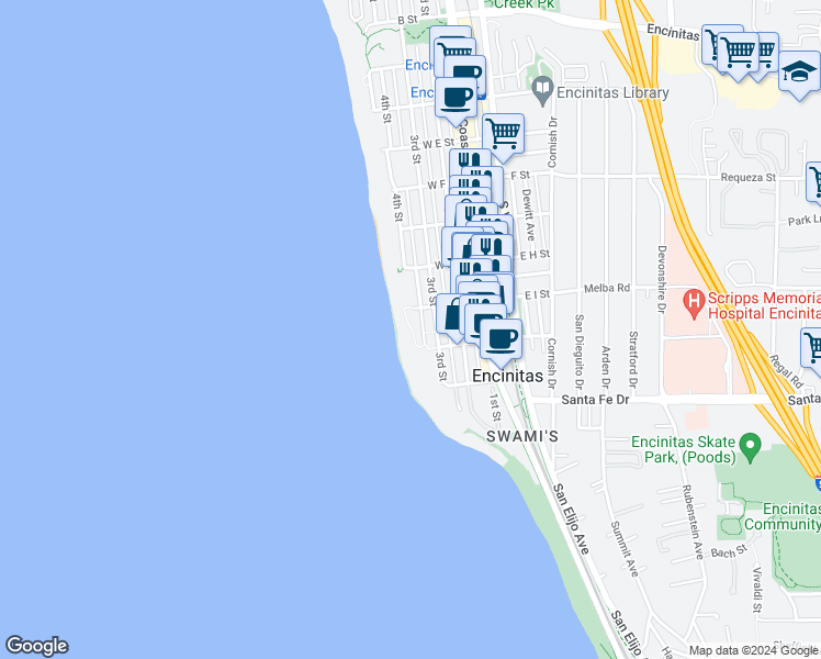 map of restaurants, bars, coffee shops, grocery stores, and more near 393 West I Street in Encinitas