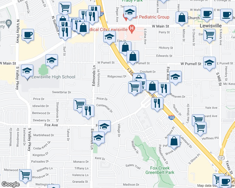 map of restaurants, bars, coffee shops, grocery stores, and more near 324 Ridgeway Circle in Lewisville
