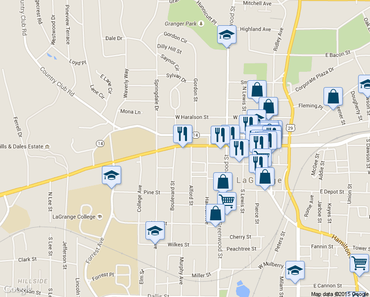 map of restaurants, bars, coffee shops, grocery stores, and more near 503 Vernon Street in LaGrange