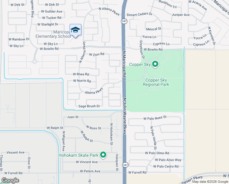 map of restaurants, bars, coffee shops, grocery stores, and more near 44753 West Desert Garden Road in Maricopa