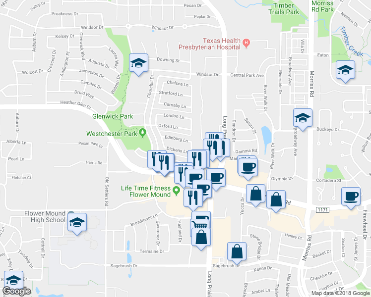 map of restaurants, bars, coffee shops, grocery stores, and more near 2804 Dickens Lane in Flower Mound