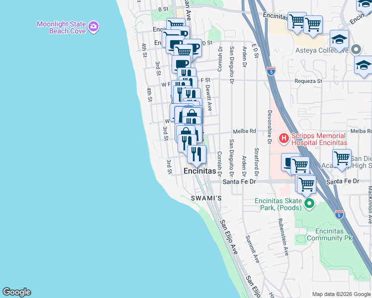 map of restaurants, bars, coffee shops, grocery stores, and more near 1031 South Coast Highway 101 in Encinitas