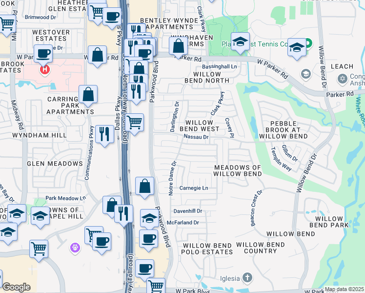 map of restaurants, bars, coffee shops, grocery stores, and more near 5944 Willowross Way in Plano