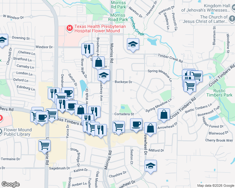 map of restaurants, bars, coffee shops, grocery stores, and more near 3909 White Oak Court in Flower Mound