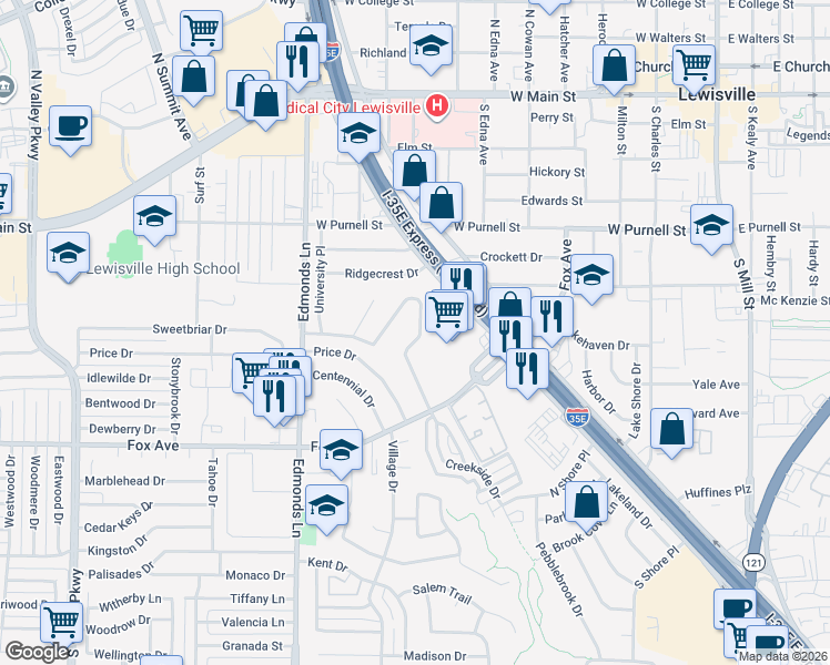 map of restaurants, bars, coffee shops, grocery stores, and more near 212 Ridgeway Circle in Lewisville