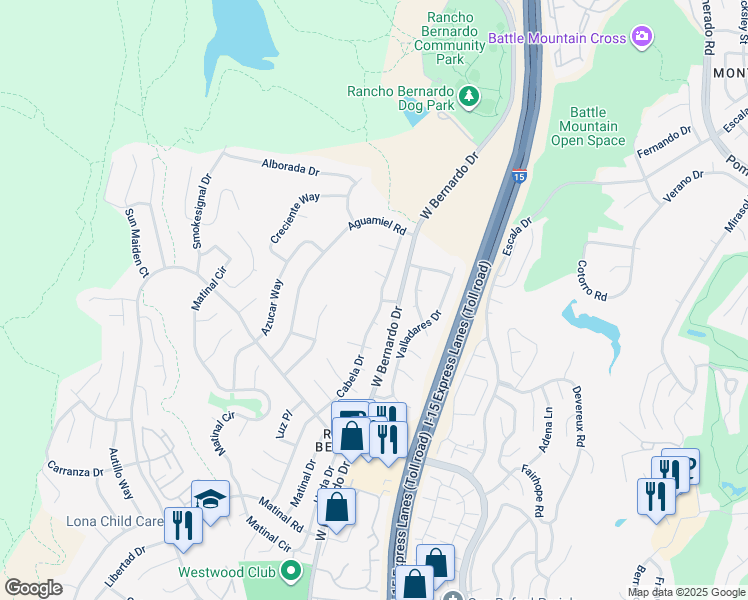 map of restaurants, bars, coffee shops, grocery stores, and more near 17924 Cabela Drive in San Diego