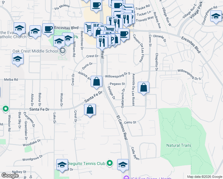map of restaurants, bars, coffee shops, grocery stores, and more near 1421 Pegaso Street in Encinitas