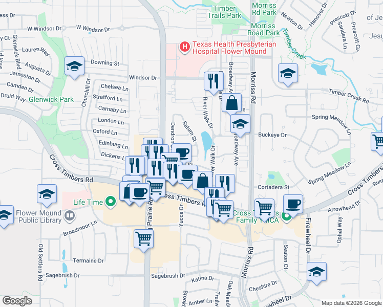 map of restaurants, bars, coffee shops, grocery stores, and more near 3932 Saturn Street in Flower Mound