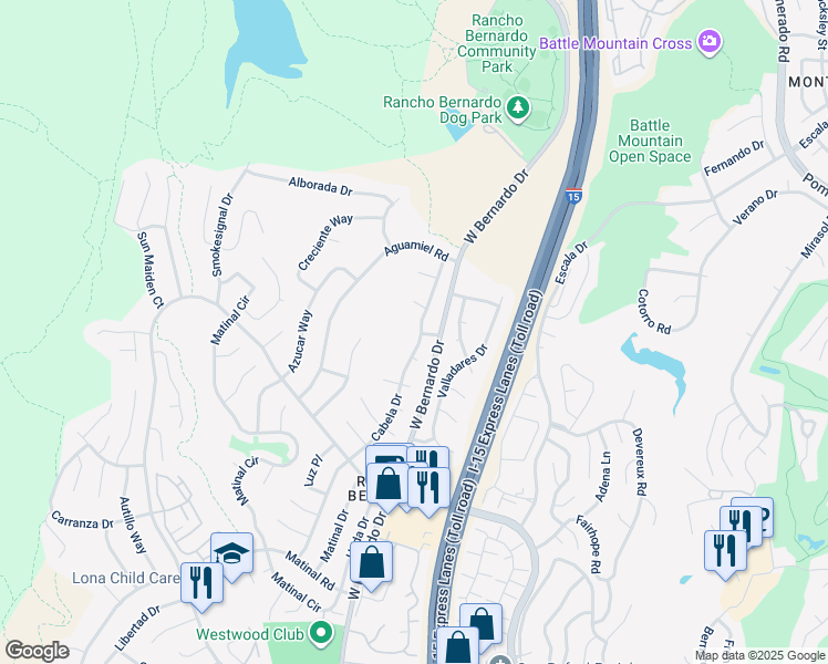 map of restaurants, bars, coffee shops, grocery stores, and more near 17924 Cabela Drive in San Diego
