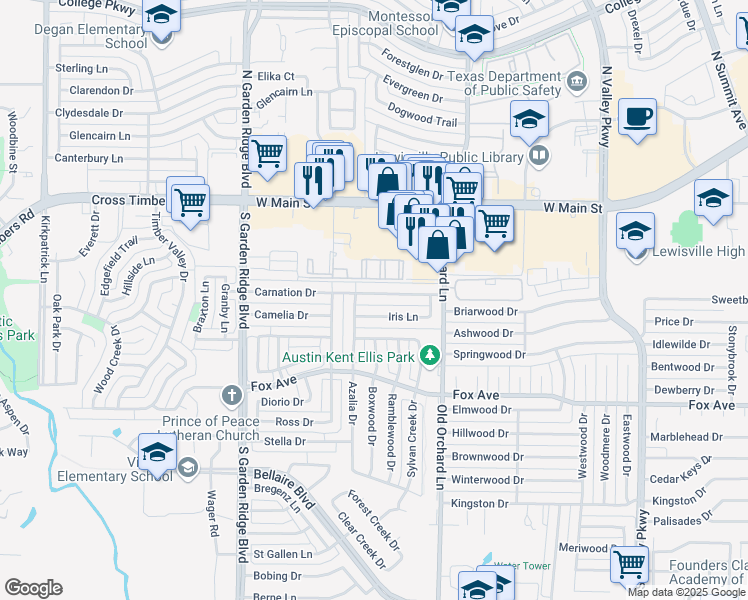 map of restaurants, bars, coffee shops, grocery stores, and more near 1330 Carnation Drive in Lewisville