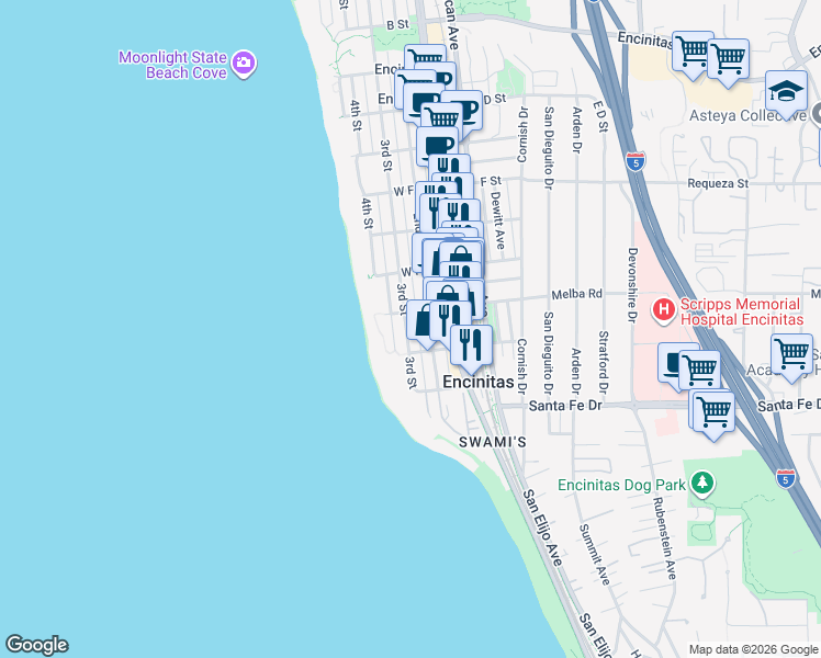 map of restaurants, bars, coffee shops, grocery stores, and more near 1012 2nd Street in Encinitas