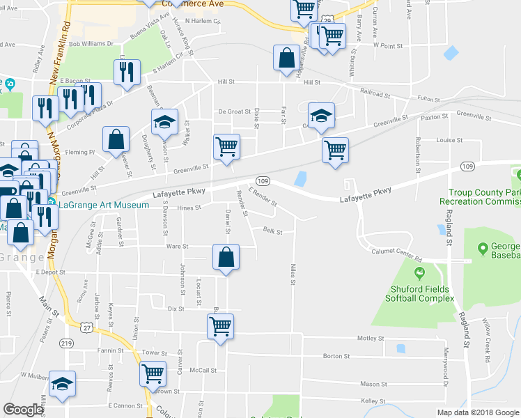 map of restaurants, bars, coffee shops, grocery stores, and more near 107 Gallant Street in LaGrange
