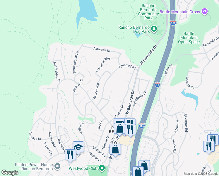 map of restaurants, bars, coffee shops, grocery stores, and more near 17803 Aguamiel Road in San Diego