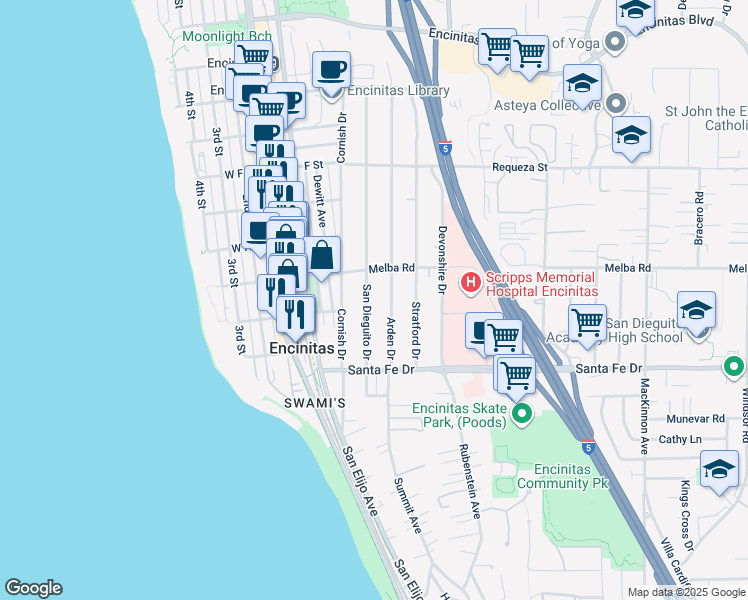 map of restaurants, bars, coffee shops, grocery stores, and more near 1040 San Dieguito Drive in Encinitas