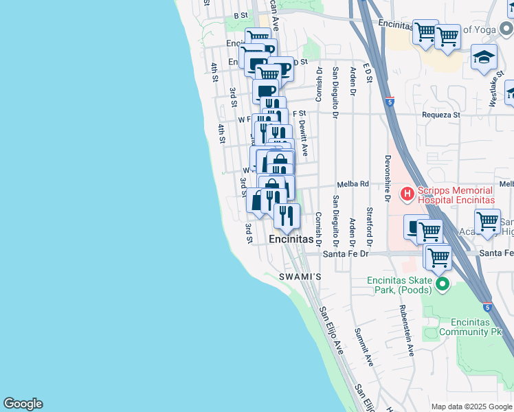 map of restaurants, bars, coffee shops, grocery stores, and more near 1012 2nd Street in Encinitas