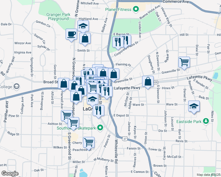 map of restaurants, bars, coffee shops, grocery stores, and more near 206 Greenville Street in LaGrange