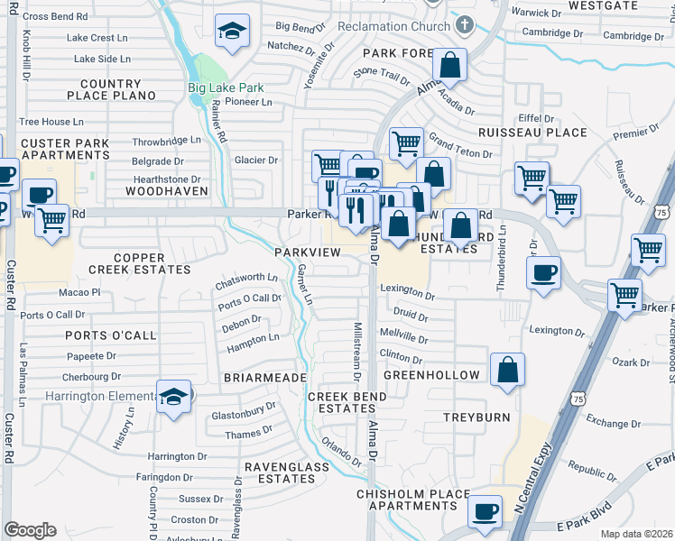 map of restaurants, bars, coffee shops, grocery stores, and more near 1114 Wimbledon Lane in Plano