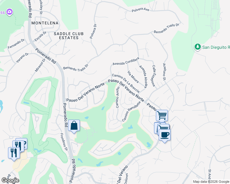 map of restaurants, bars, coffee shops, grocery stores, and more near 17748 Camino Ancho in San Diego