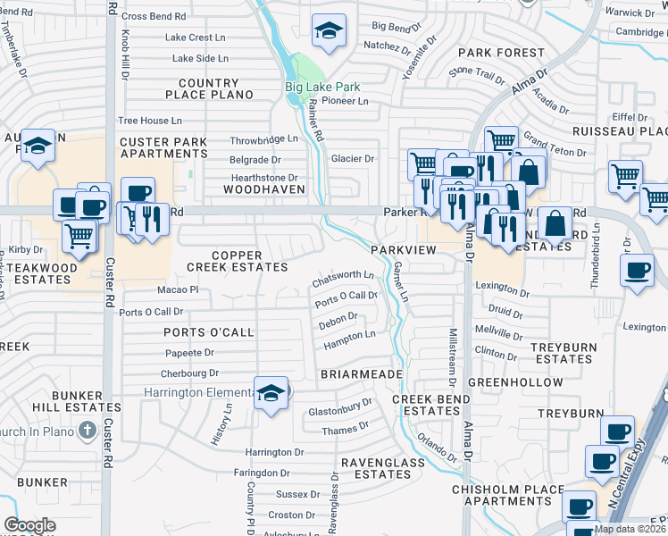 map of restaurants, bars, coffee shops, grocery stores, and more near 1500 Idyllwild Drive in Plano