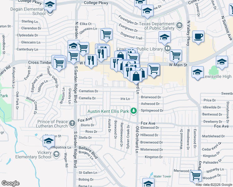map of restaurants, bars, coffee shops, grocery stores, and more near 1329 Carnation Drive in Lewisville