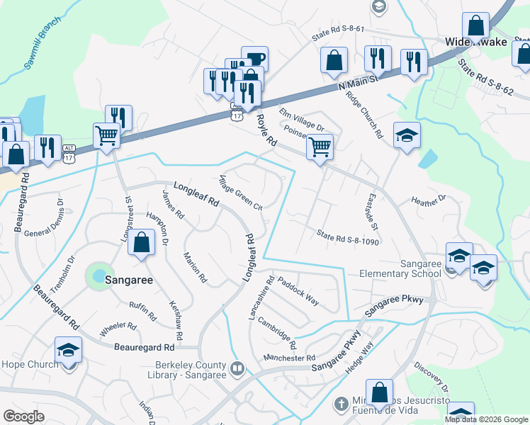 map of restaurants, bars, coffee shops, grocery stores, and more near 304 Village Green Circle in Summerville
