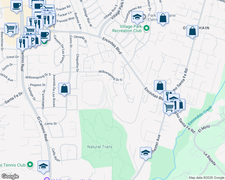 map of restaurants, bars, coffee shops, grocery stores, and more near 227 Peckham Place in Encinitas