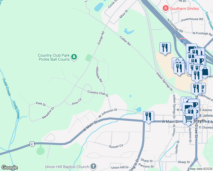 map of restaurants, bars, coffee shops, grocery stores, and more near 15 Mornside Drive in Forsyth