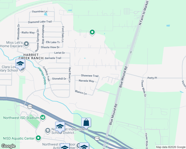 map of restaurants, bars, coffee shops, grocery stores, and more near 2125 Shawnee Trail in Justin
