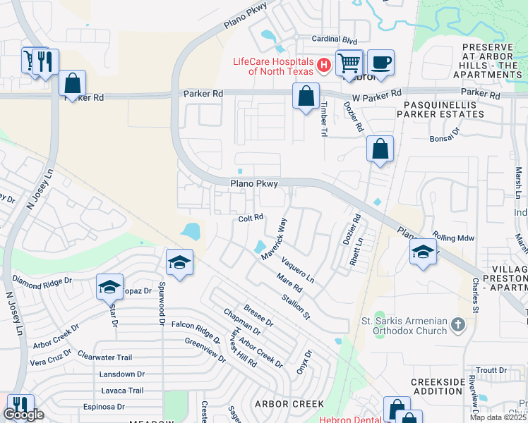 map of restaurants, bars, coffee shops, grocery stores, and more near 2217 Colt Road in Carrollton
