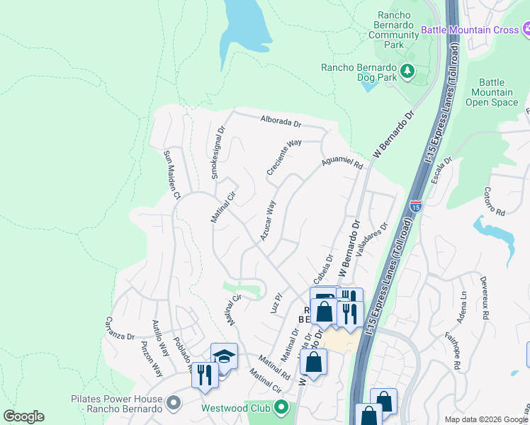 map of restaurants, bars, coffee shops, grocery stores, and more near 17782 Azucar Way in San Diego