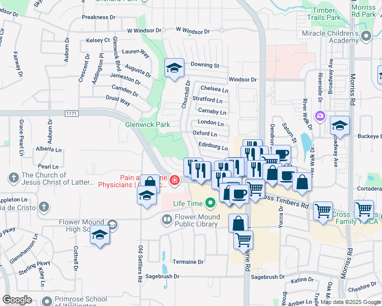 map of restaurants, bars, coffee shops, grocery stores, and more near 3912 Churchill Drive in Flower Mound