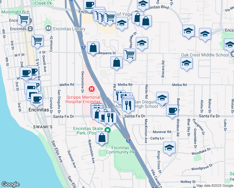 map of restaurants, bars, coffee shops, grocery stores, and more near 1053 Regal Road in Encinitas