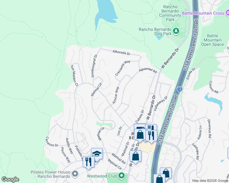 map of restaurants, bars, coffee shops, grocery stores, and more near 17782 Azucar Way in San Diego