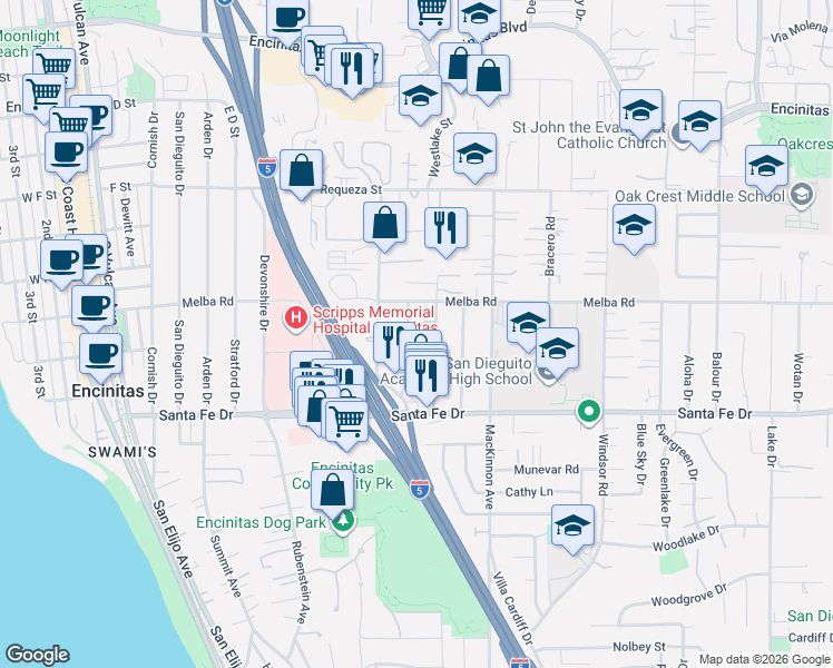 map of restaurants, bars, coffee shops, grocery stores, and more near 1042 Golden Road in Encinitas