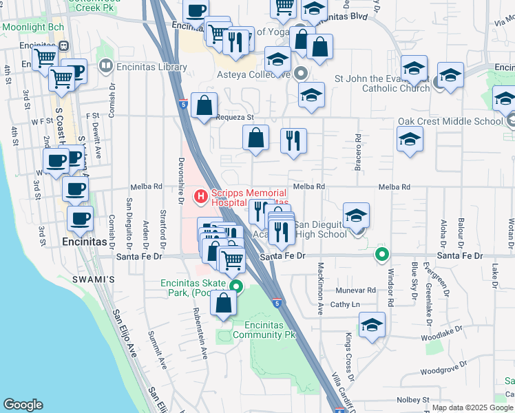 map of restaurants, bars, coffee shops, grocery stores, and more near 1042 Golden Road in Encinitas