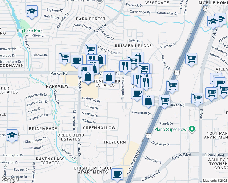 map of restaurants, bars, coffee shops, grocery stores, and more near 3113 Verbena Drive in Plano