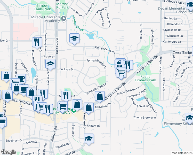 map of restaurants, bars, coffee shops, grocery stores, and more near 1723 Buckeye Drive in Flower Mound