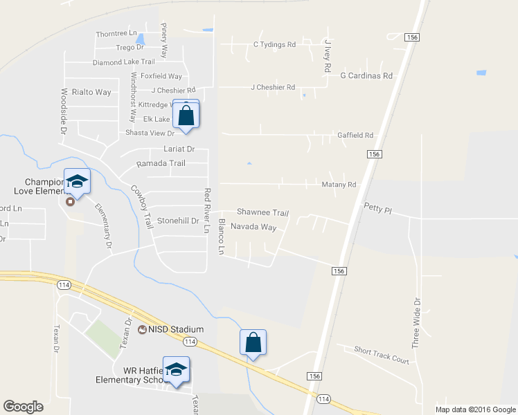 map of restaurants, bars, coffee shops, grocery stores, and more near 2105 Shawnee Trail in Justin
