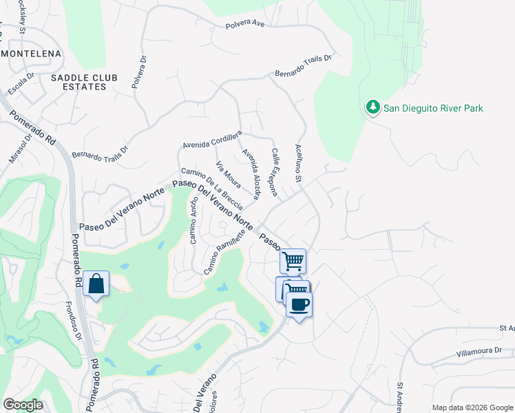 map of restaurants, bars, coffee shops, grocery stores, and more near 17859 Avenida Alozdra in San Diego