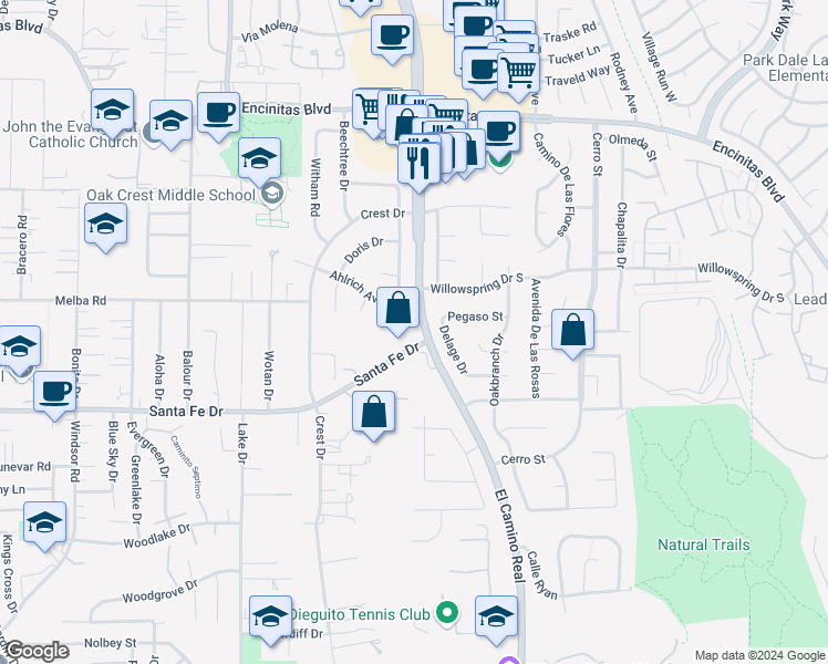 map of restaurants, bars, coffee shops, grocery stores, and more near 480 South El Camino Real in Encinitas